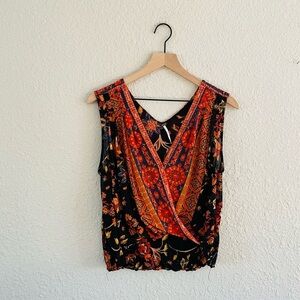 Free People Mesh Floral Faux Wrap Front Top